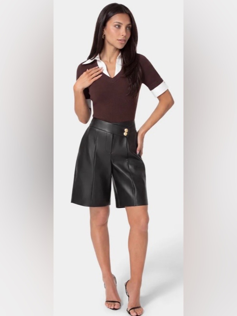 NEW - Black Faux Leather Bermuda Shorts with Gold Buttons